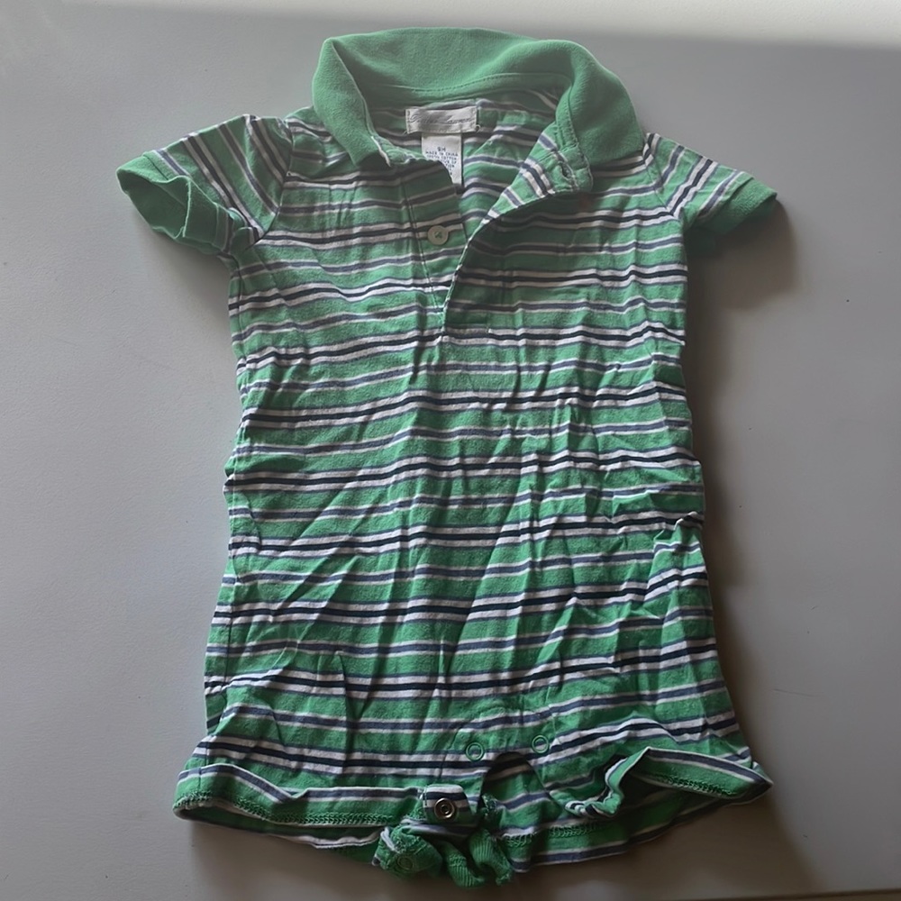 Ralph Lauren size 9 month, onesie, shorts, green, and blue, striped orange polo